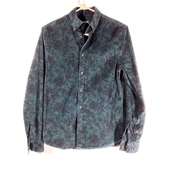 Express Men’s Soft Corduroy Button-Down Shirt (XS) • Green Floral • Orig $68 - Picture 1 of 6